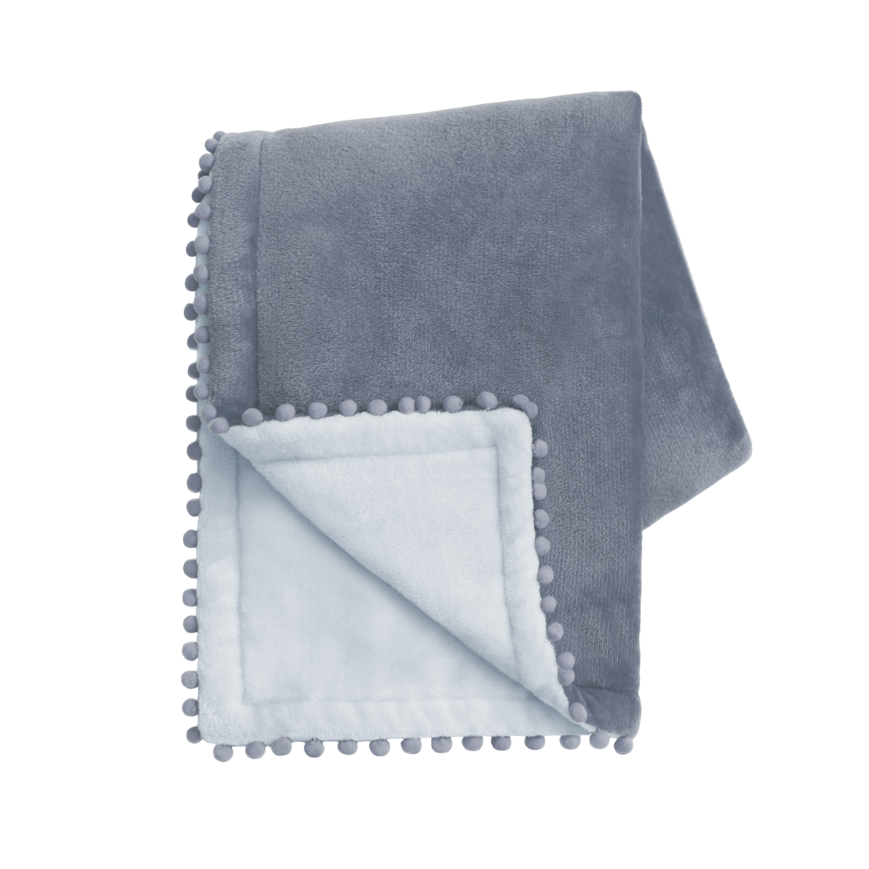 Gray blanket with pom-pom trim on a white background