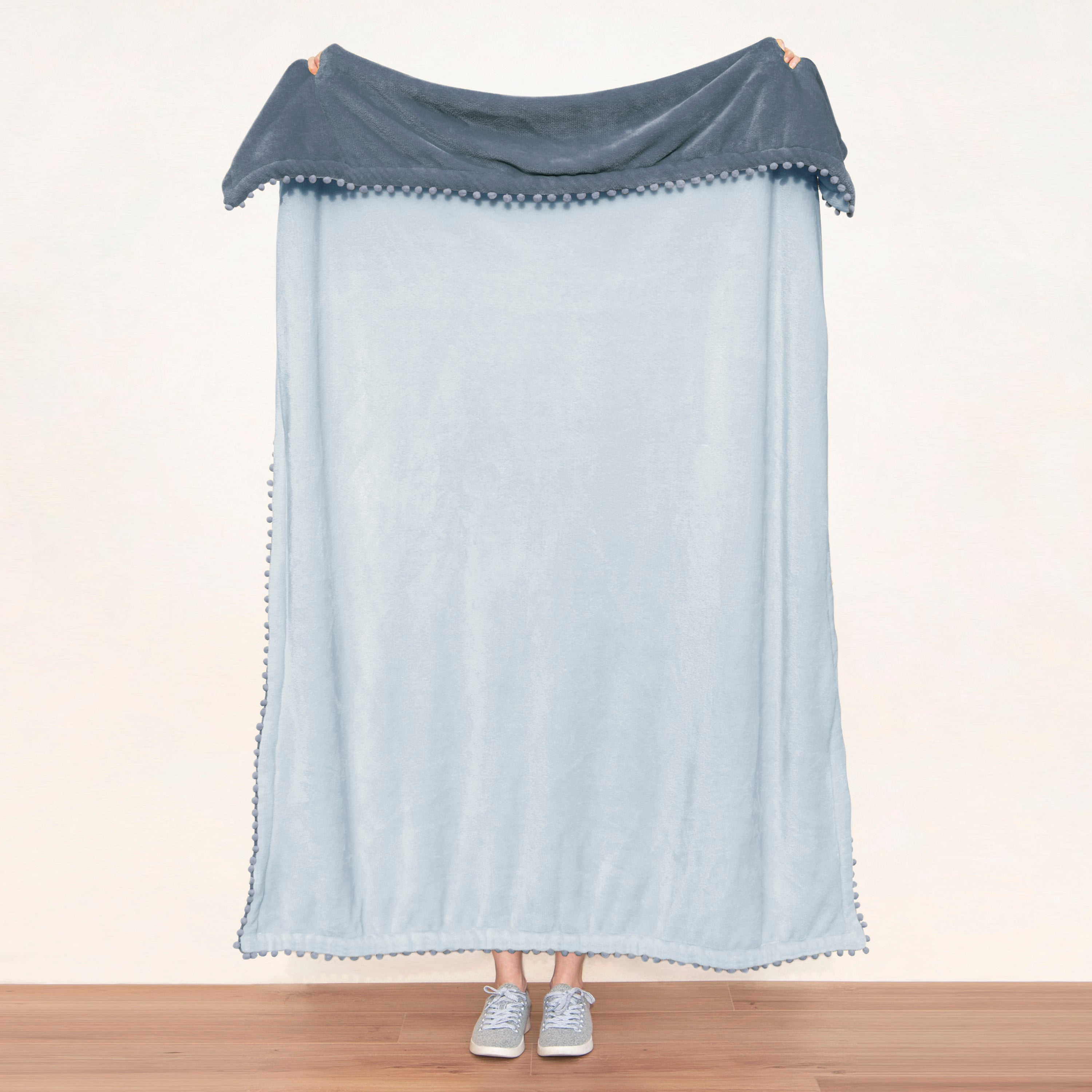 decorative throw blanket pom pom fringe edge reversible design slate gray pastel blue