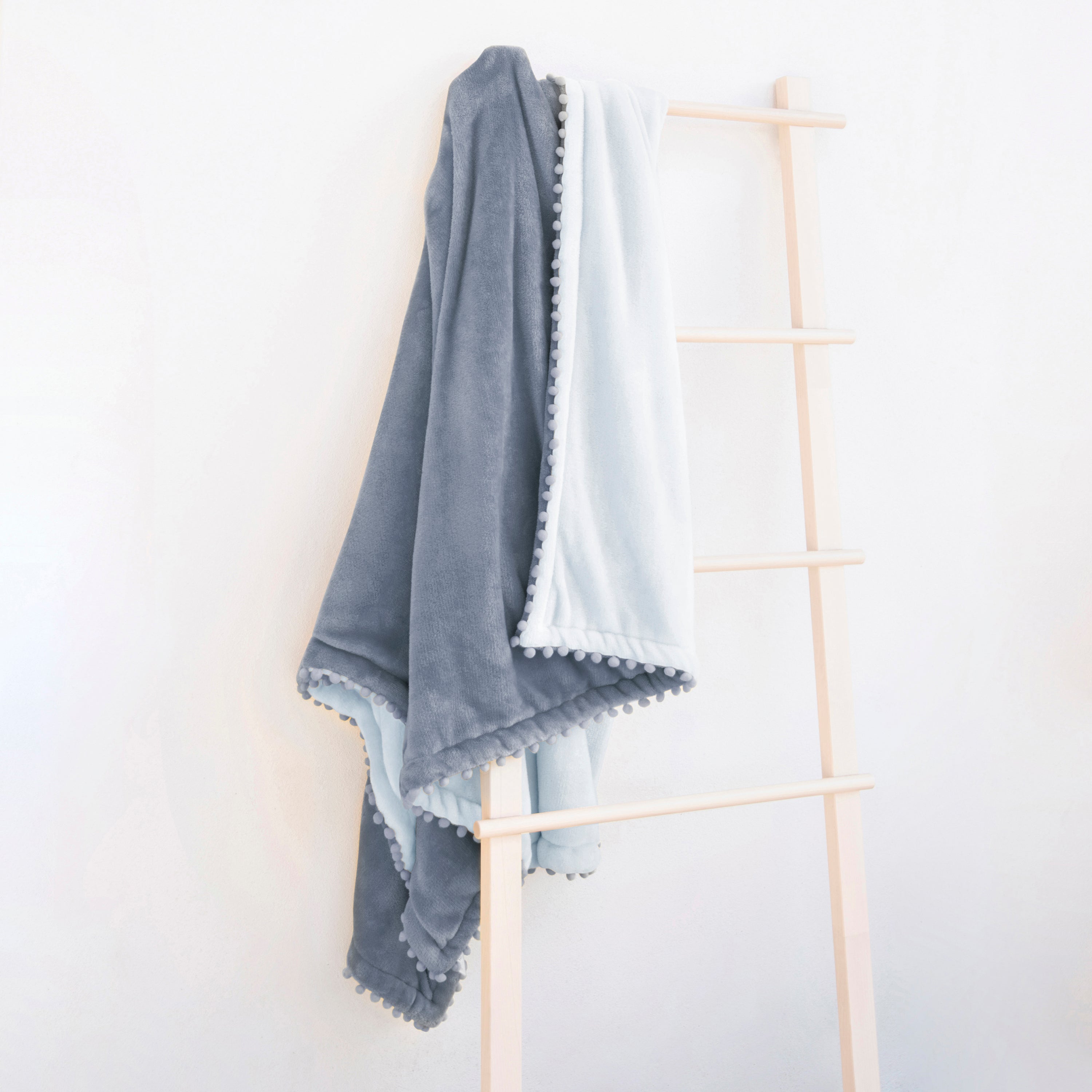 decorative throw blanket pom pom fringe edge reversible design slate gray pastel blue
