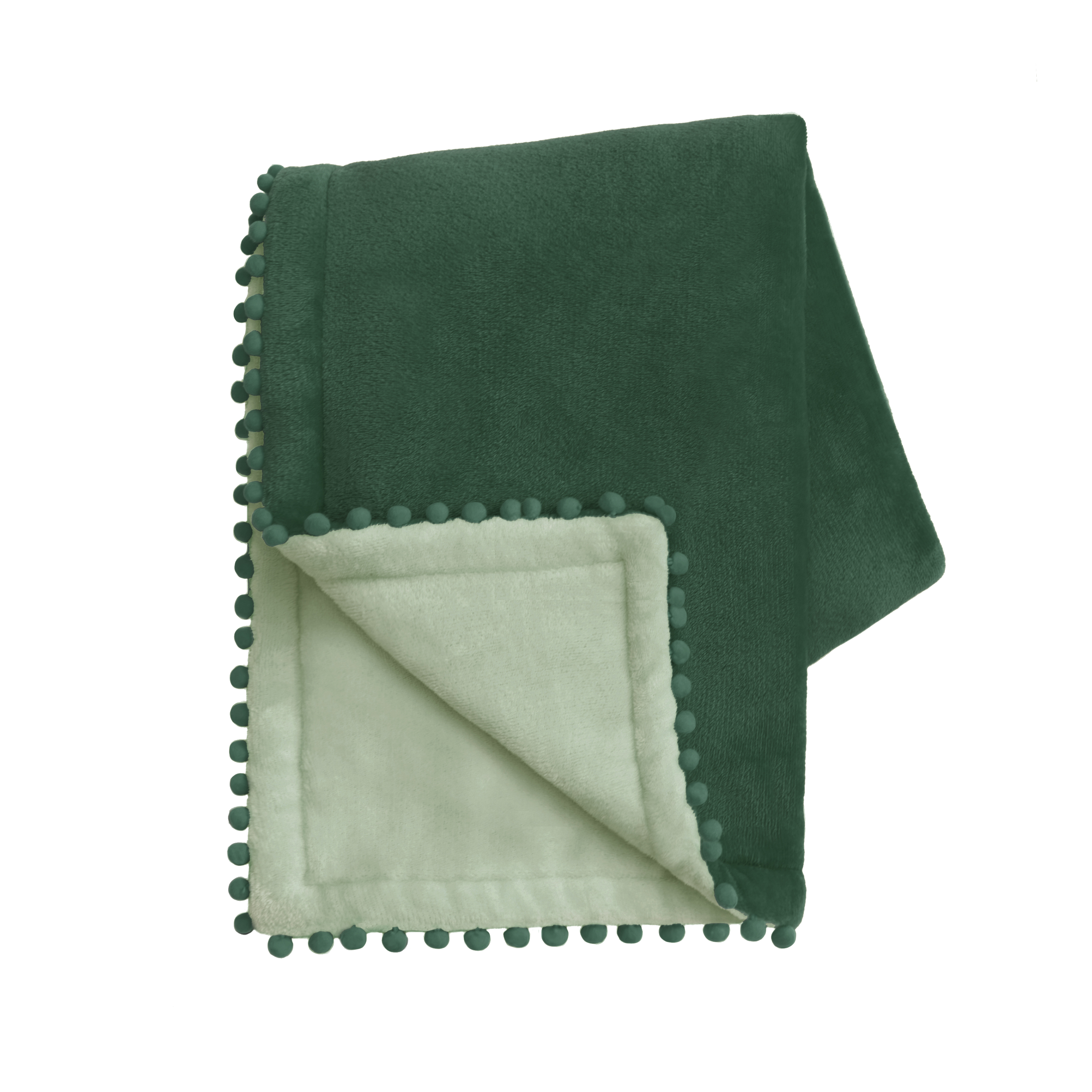Green blanket with pom-pom trim on a white background