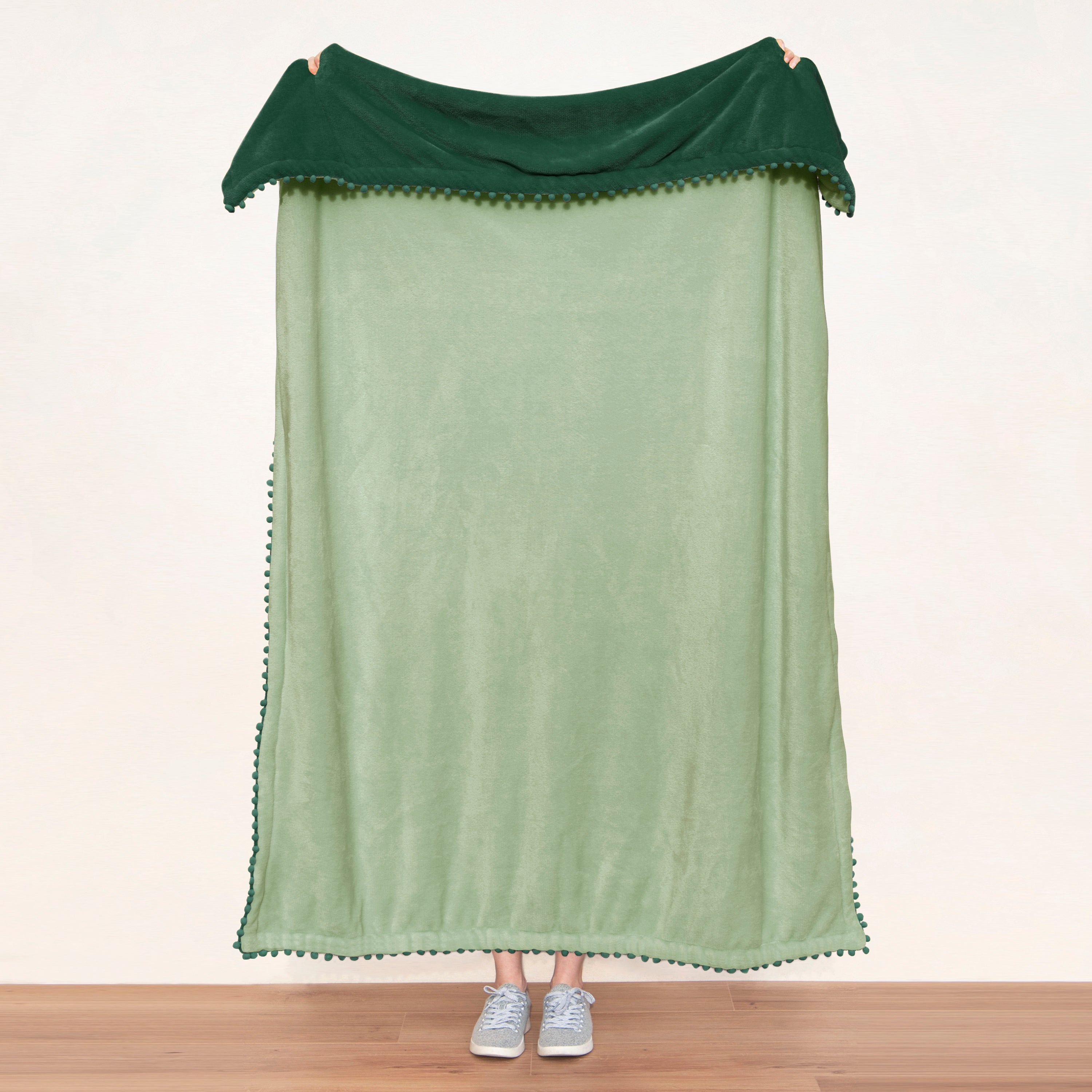 decorative throw blanket pom pom fringe edge reversible design dark green sage