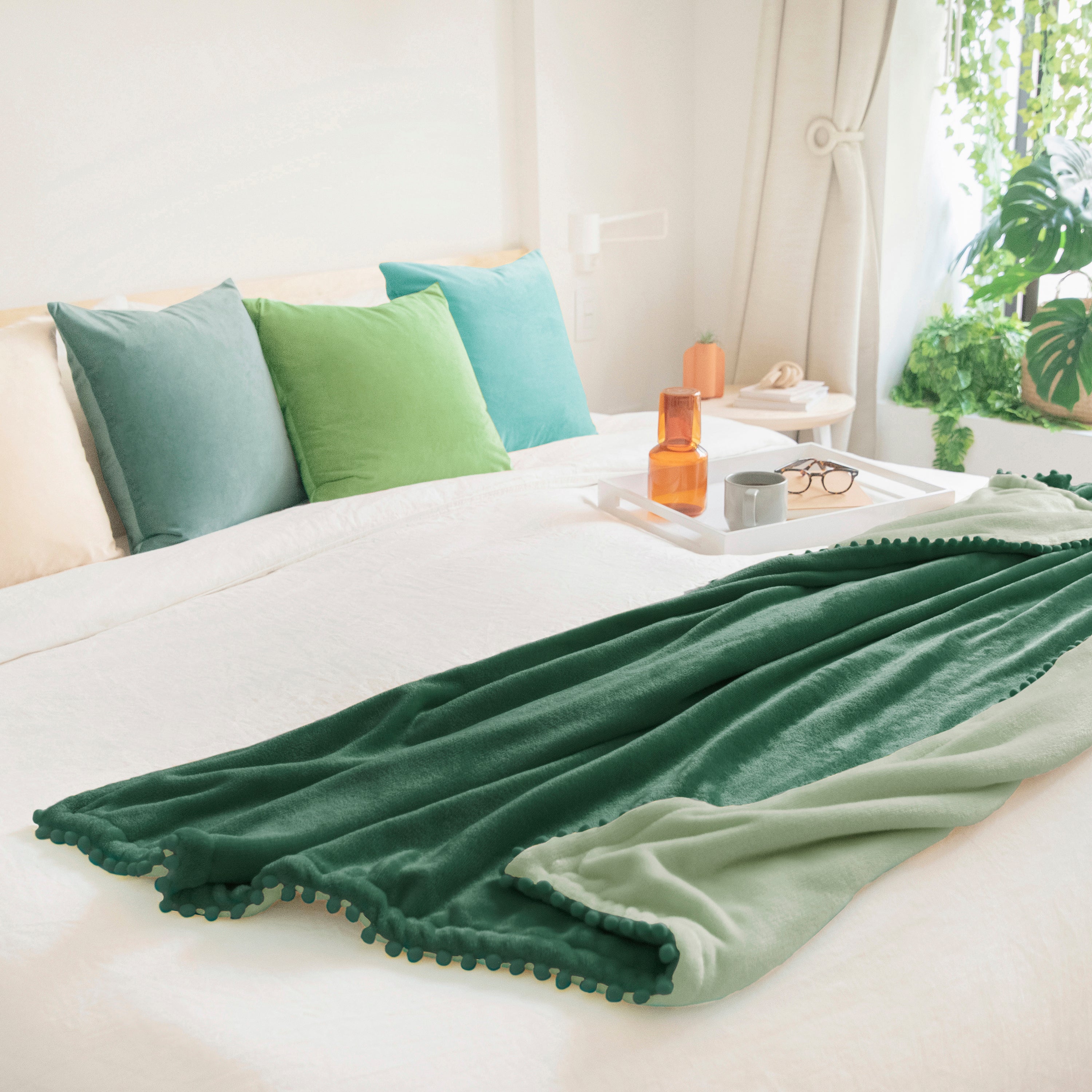 decorative throw blanket pom pom fringe edge reversible design dark green sage