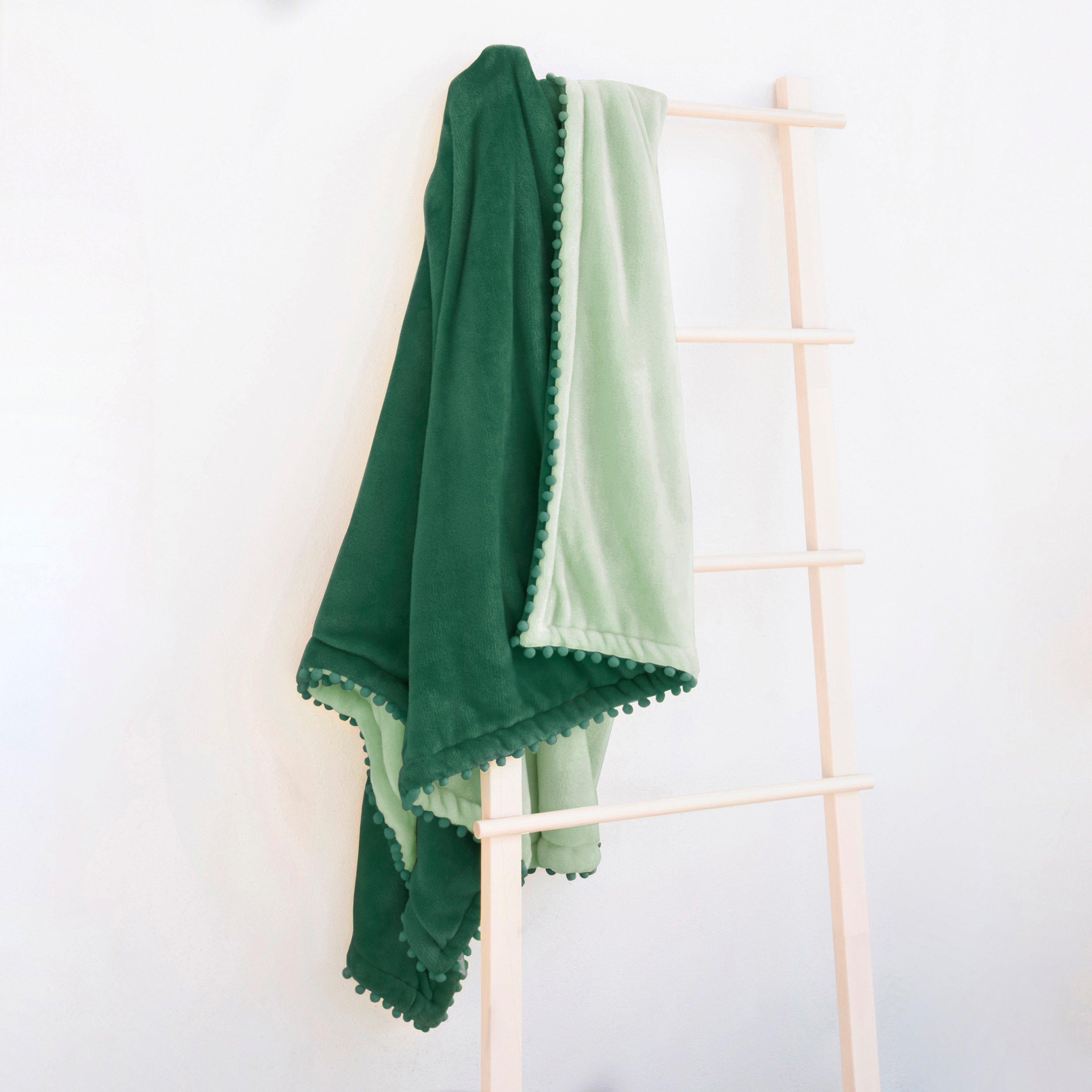 decorative throw blanket pom pom fringe edge reversible design dark green sage