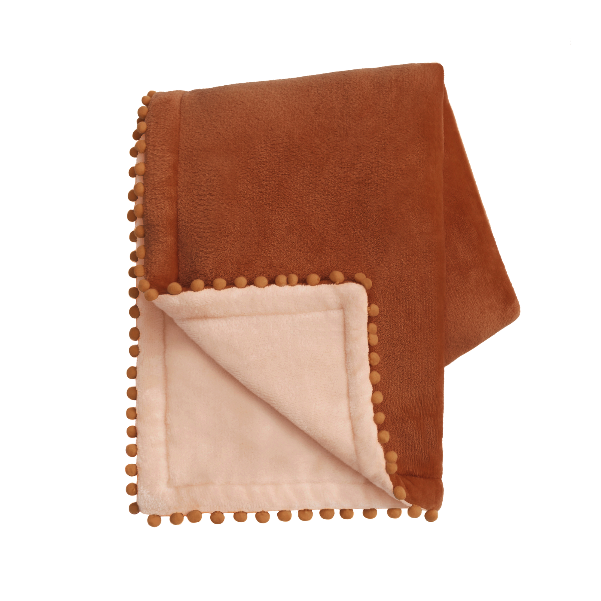 Brown blanket with pom-pom trim on a white background