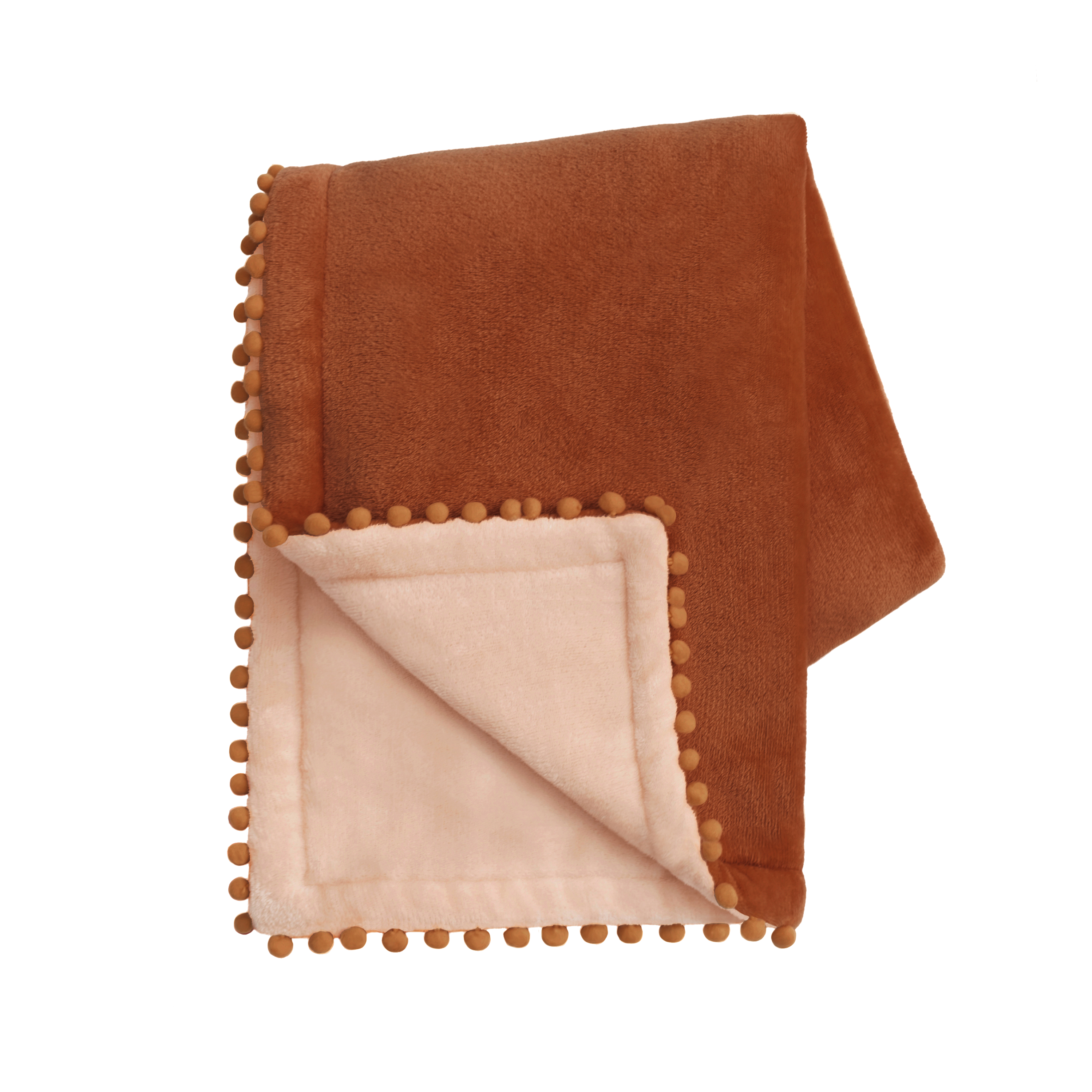 Brown blanket with pom-pom trim on a white background