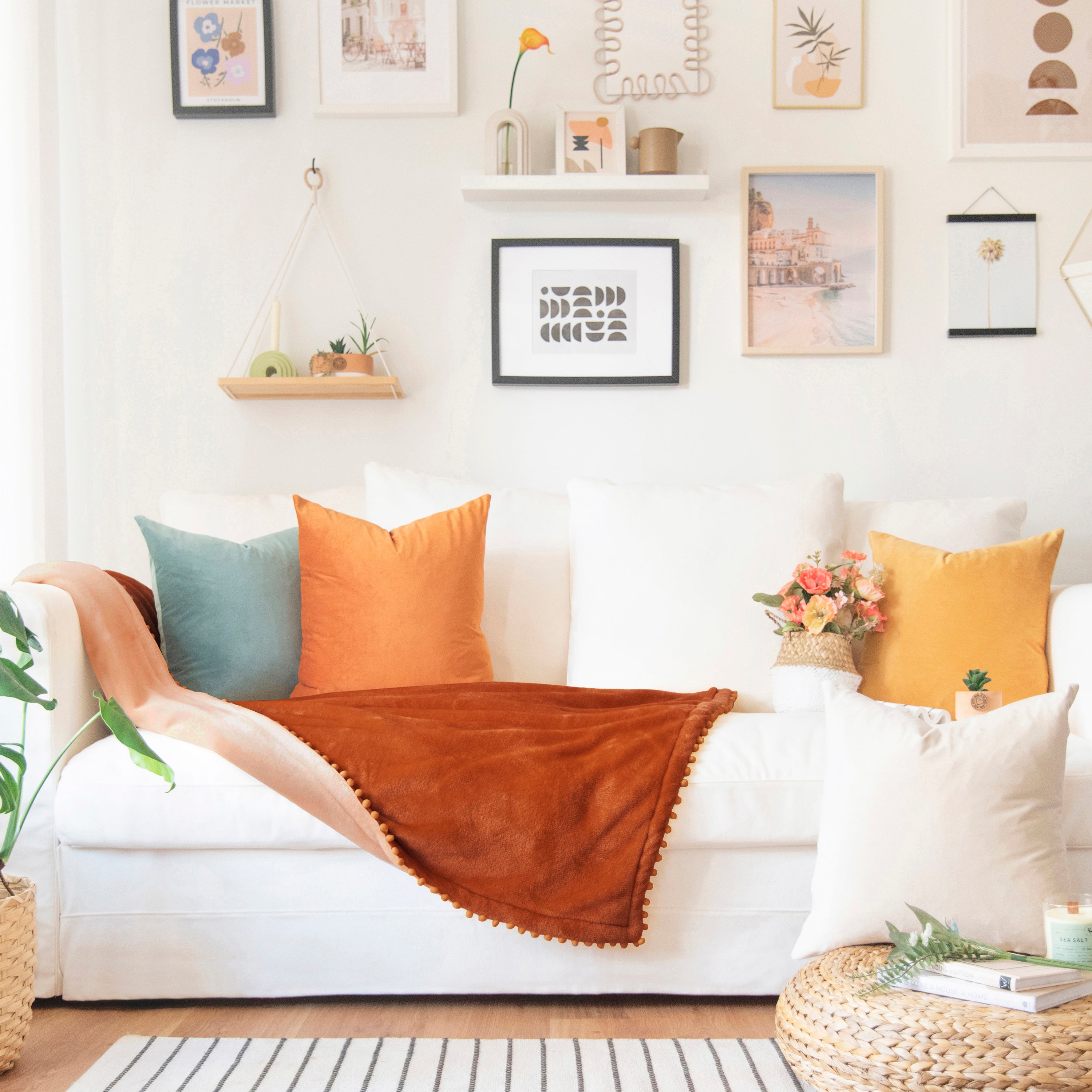 decorative throw blanket pom pom fringe edge reversible design burnt orange light orange
