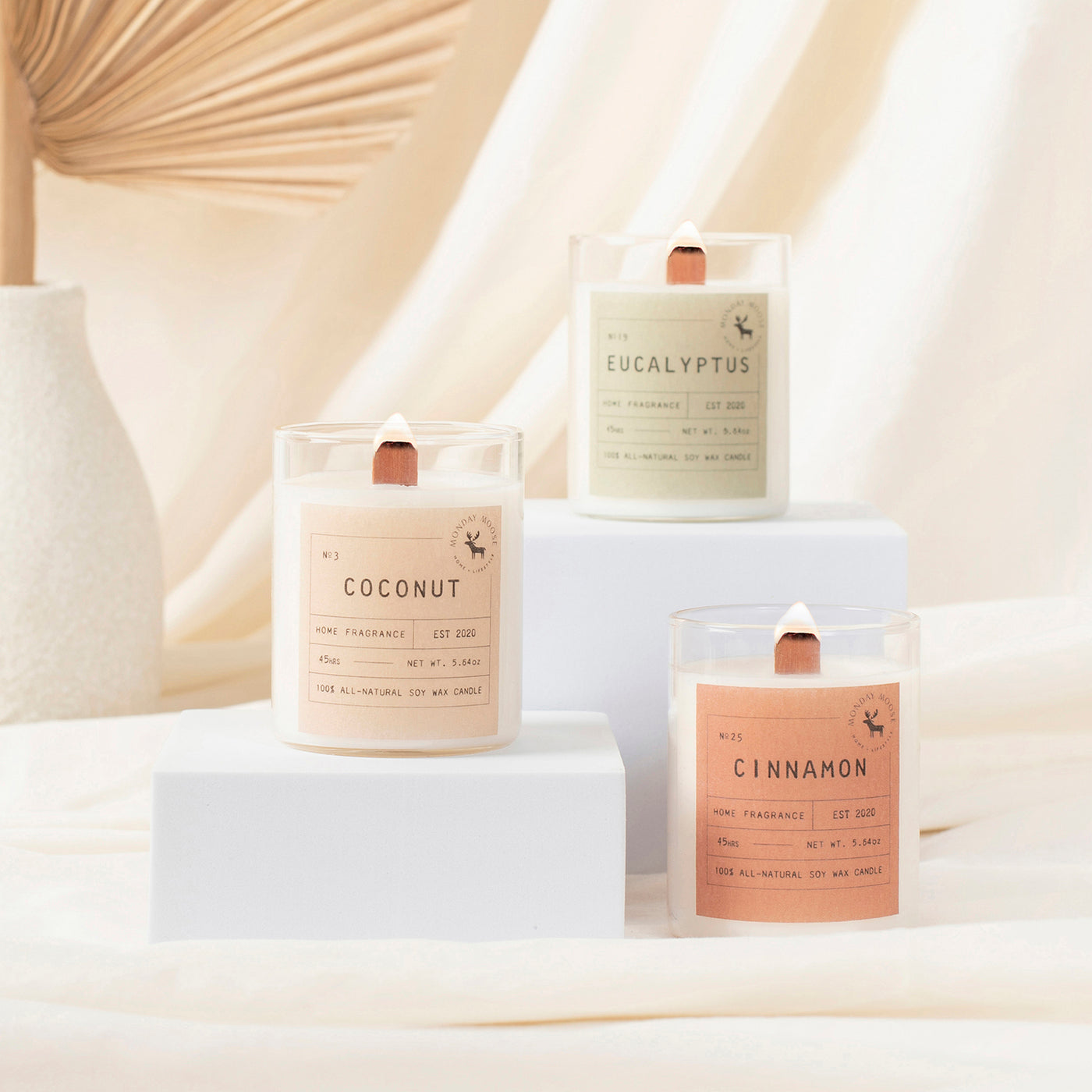 scented candle home fragrance set of three wood wick coconut eucalyptus cinnamon
