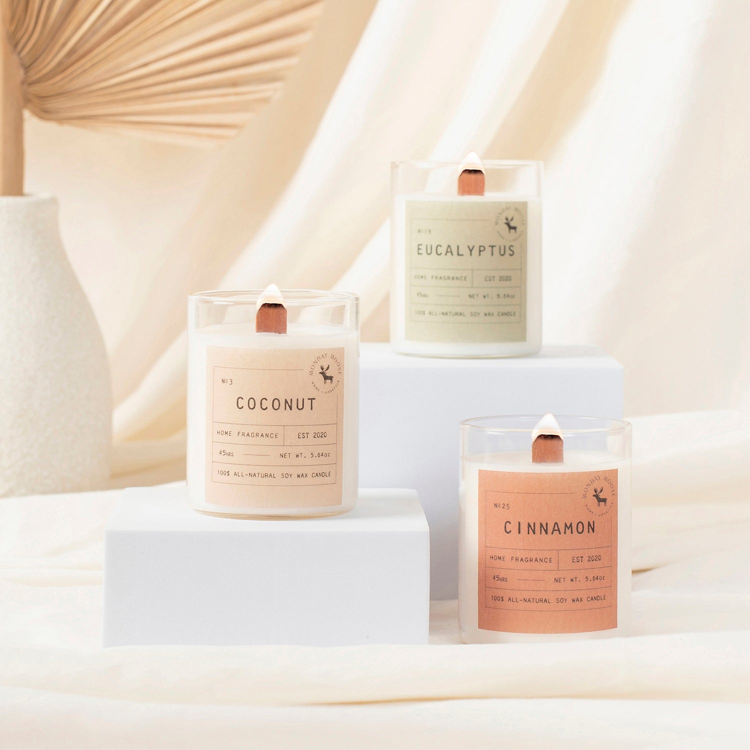 scented candle home fragrance set of three wood wick coconut eucalyptus cinnamon