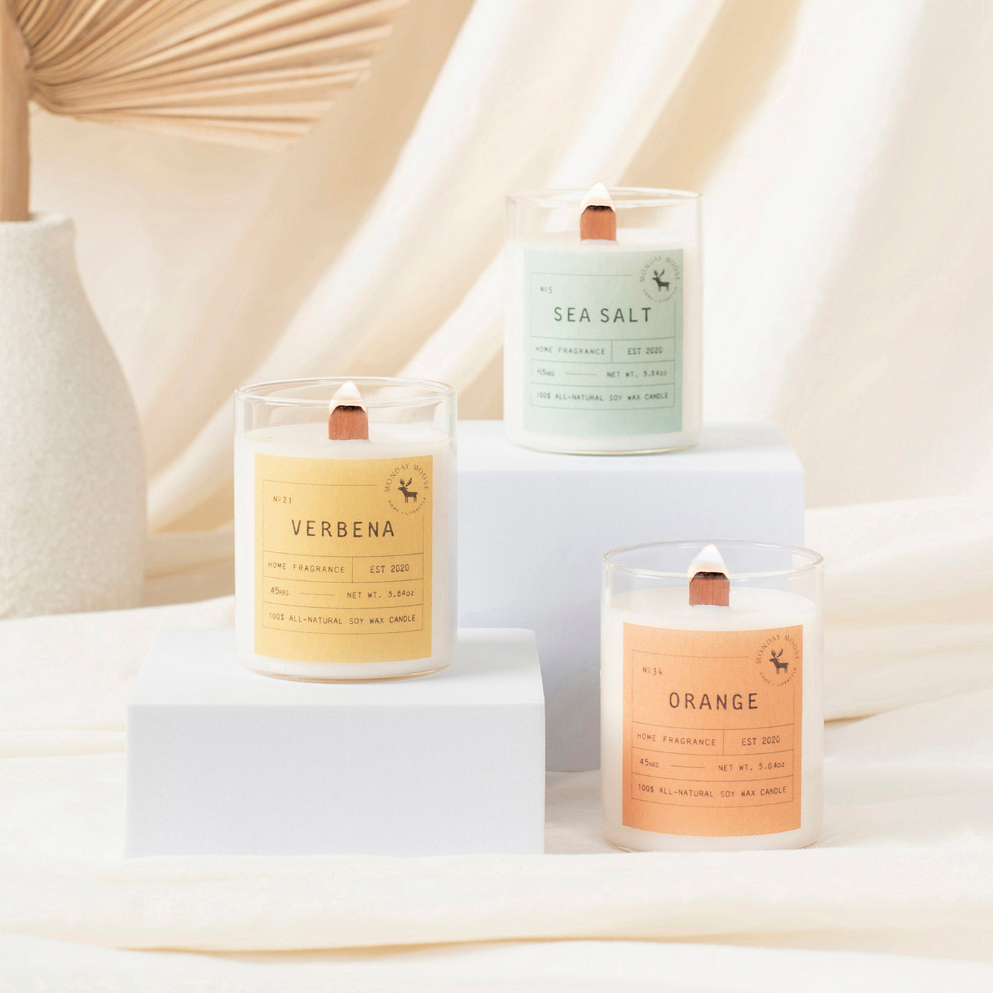 scented candle home fragrance set of three wood wick verbena sea salt orange