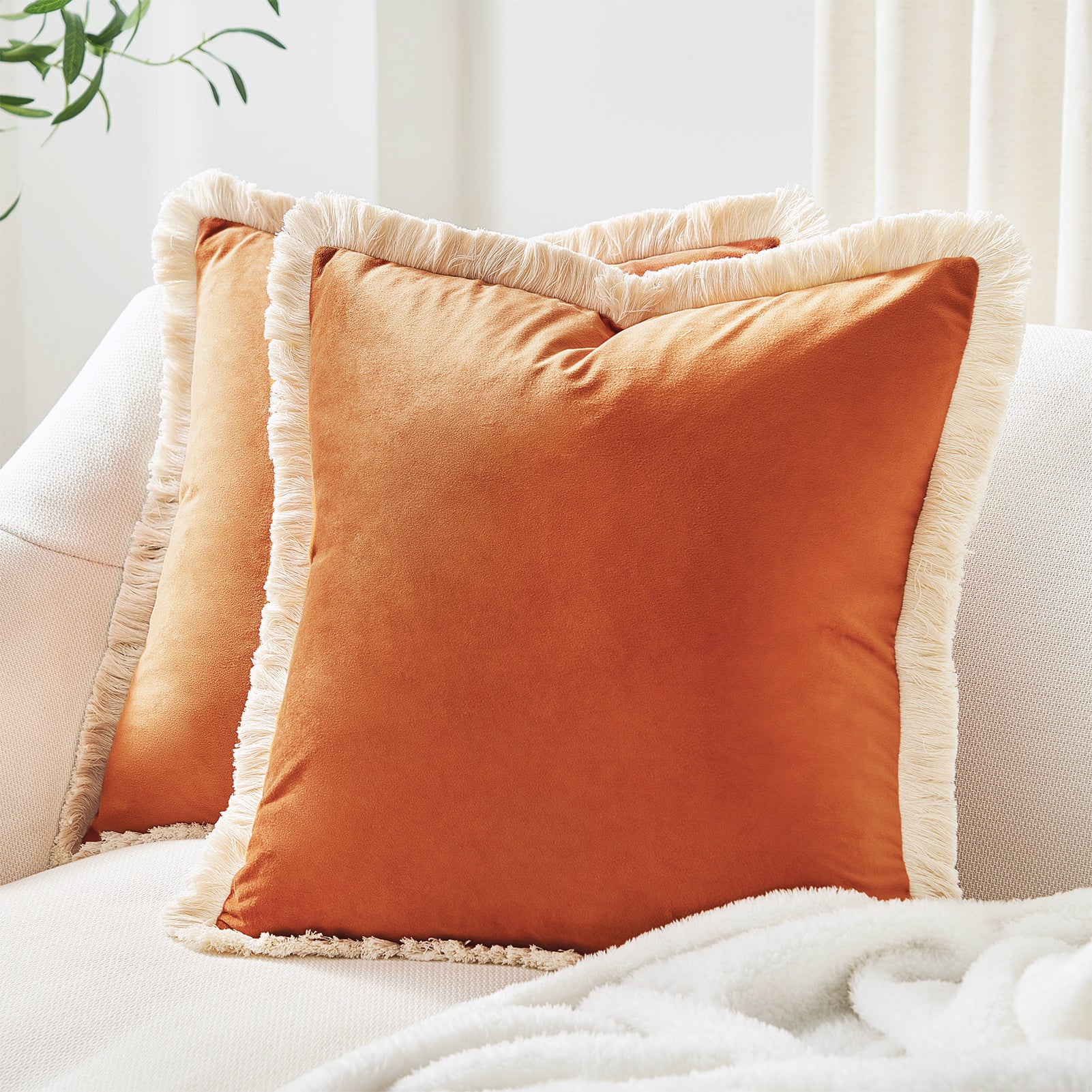 velvet decorative throw pillow covers  with fringe border set of 2 orange color