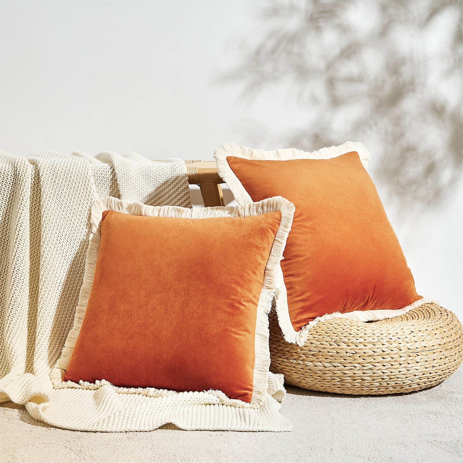 velvet decorative throw pillow covers  with fringe border set of 2 orange color