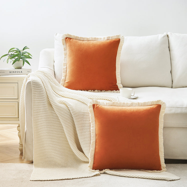 velvet decorative throw pillow covers  with fringe border set of 2 orange color