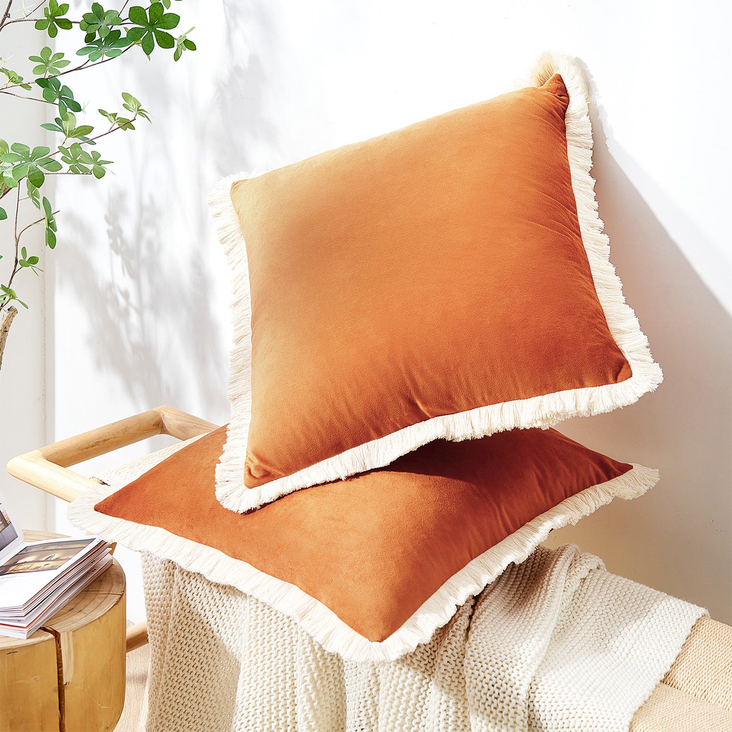 velvet decorative throw pillow covers  with fringe border set of 2 orange color