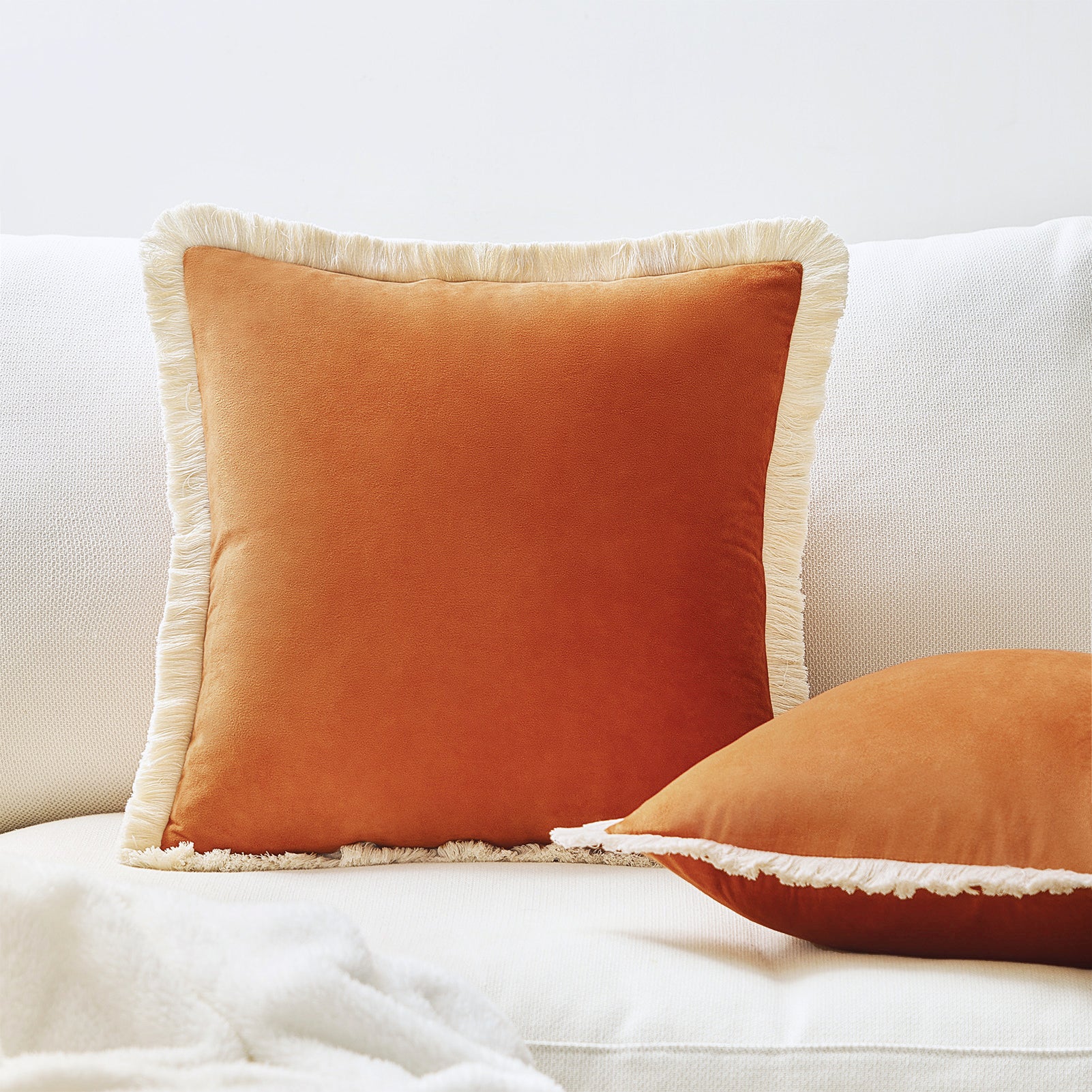 velvet decorative throw pillow covers  with fringe border set of 2 orange color