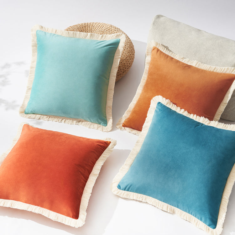 velvet decorative throw pillow covers with fringe edge set four orange teal blue red