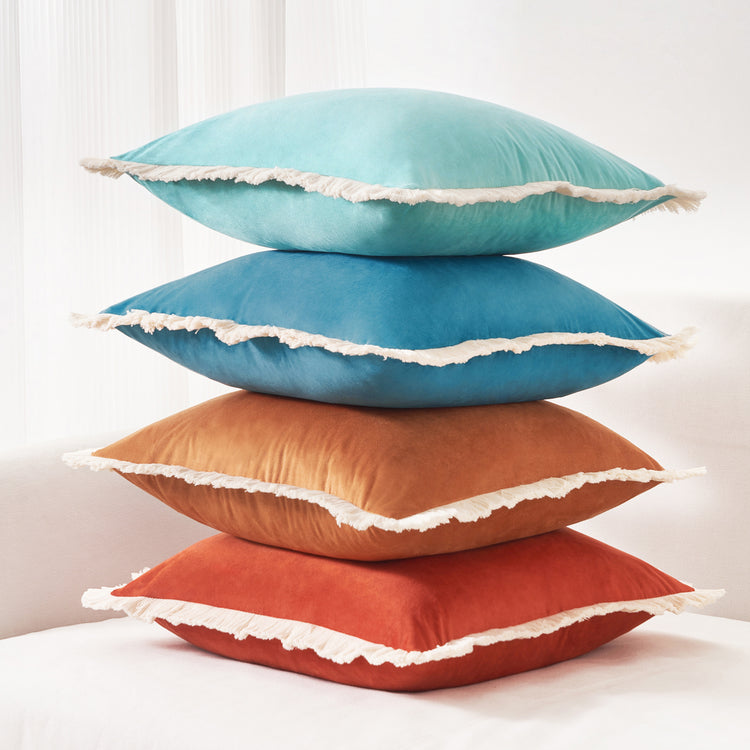 velvet decorative throw pillow covers with fringe edge set four orange teal blue red