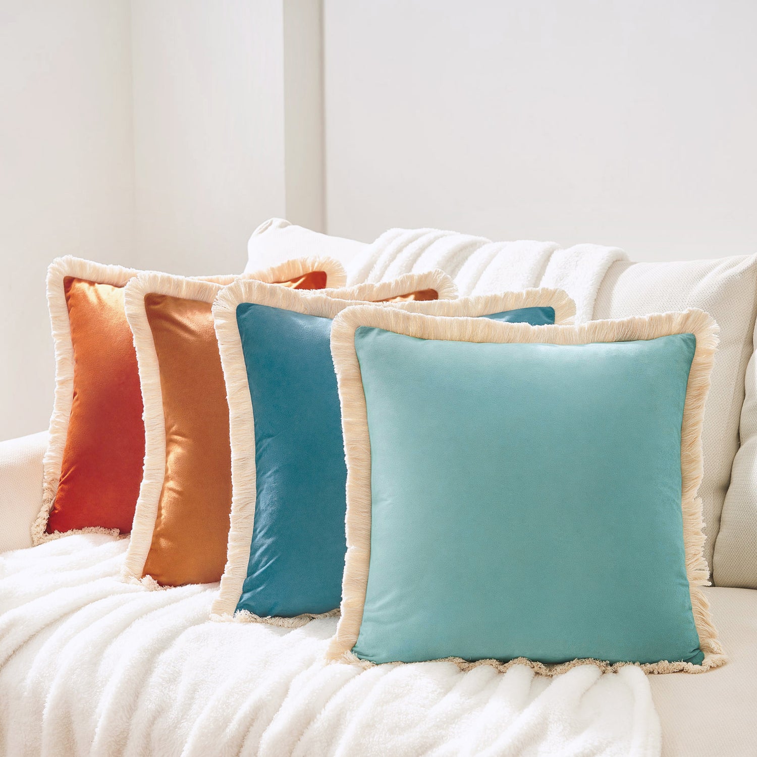 velvet decorative throw pillow covers with fringe edge set four orange teal blue red