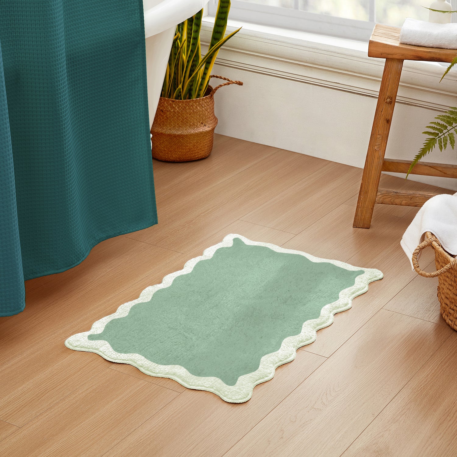 bath mat sage scalloped wavy edge