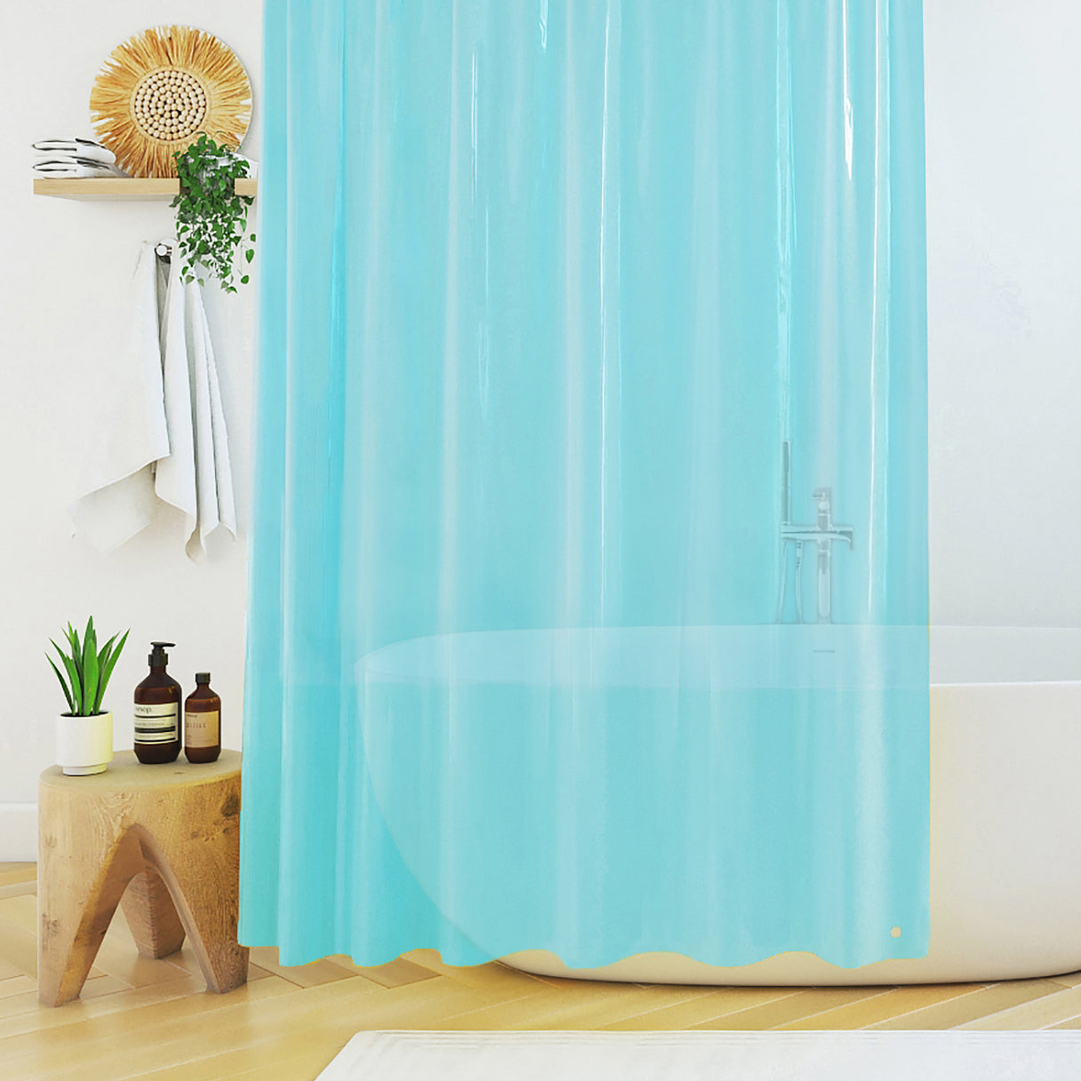 plastic peva shower curtain liner sky blue transparent hooks