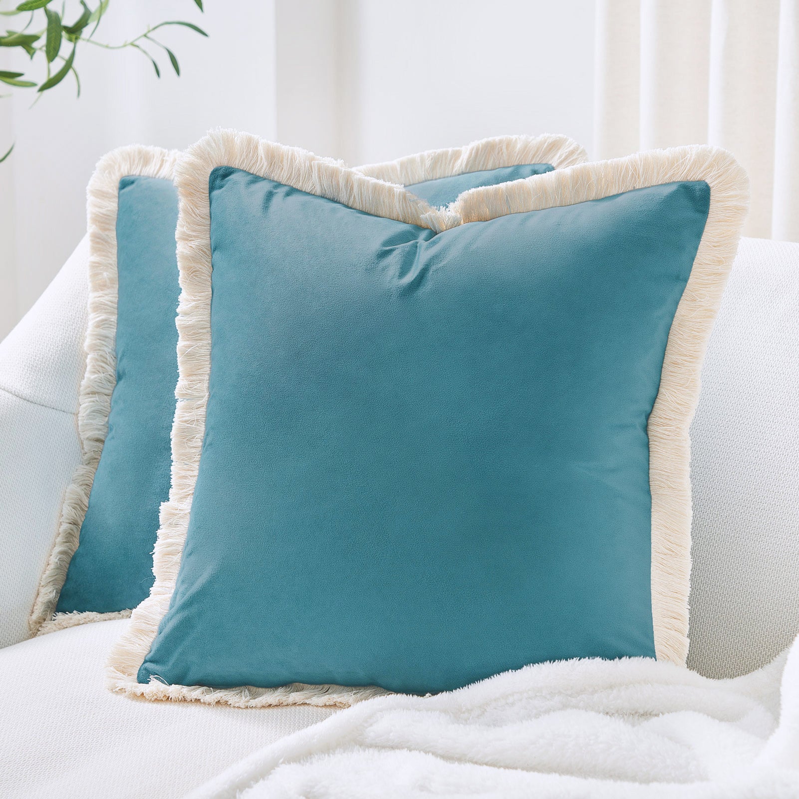 velvet decorative throw pillow covers  with fringe border set of 2 teal blue color