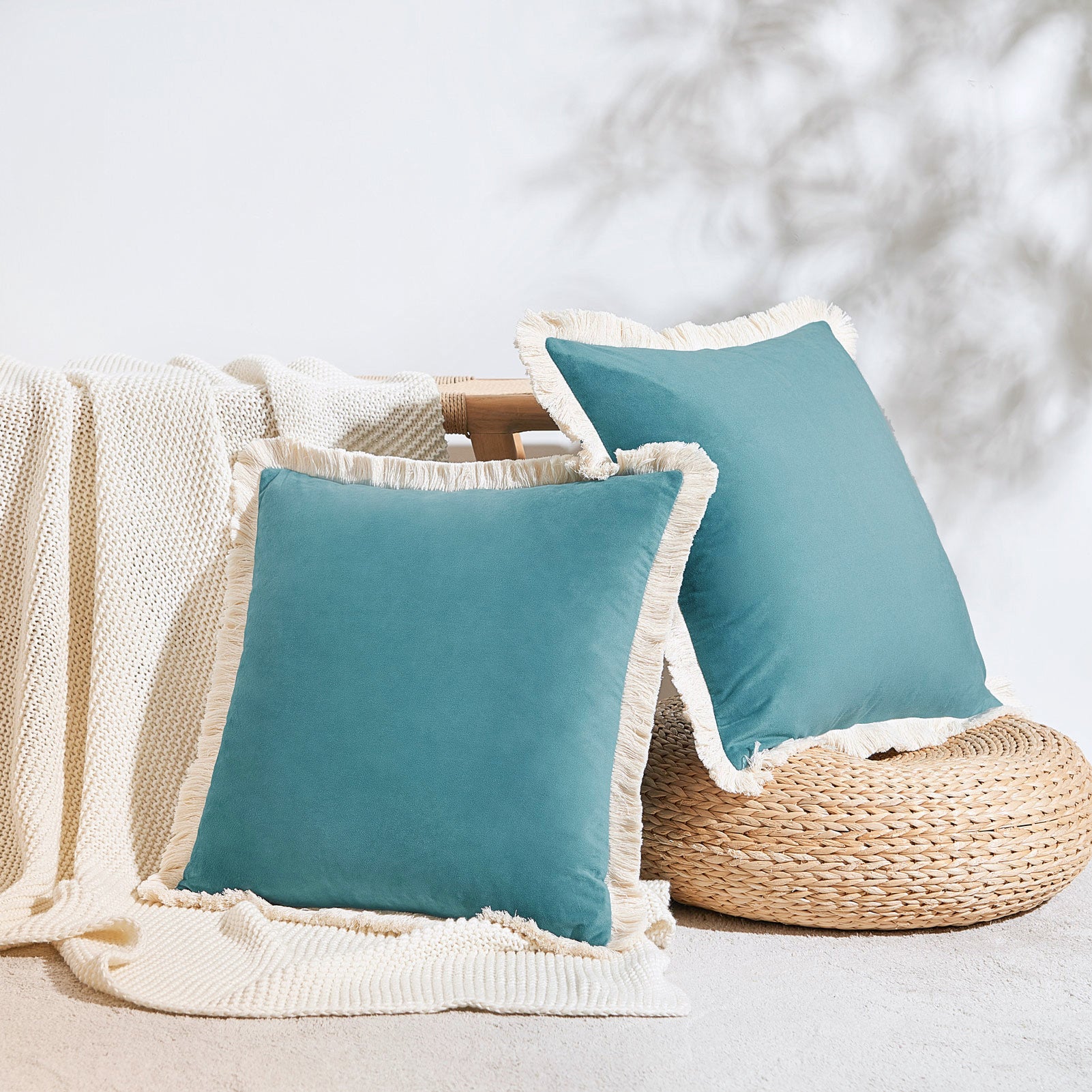 velvet decorative throw pillow covers  with fringe border set of 2 teal blue color