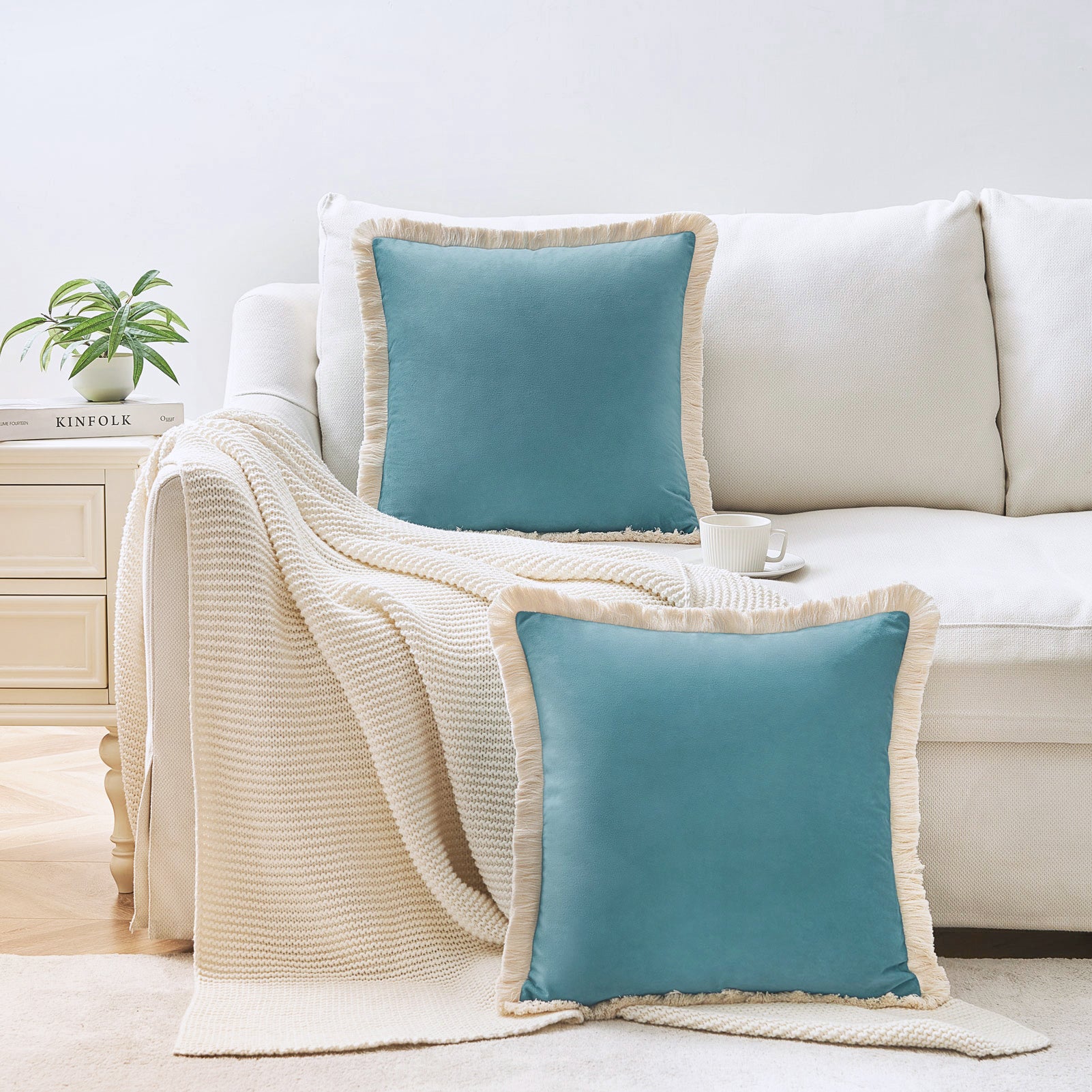 velvet decorative throw pillow covers  with fringe border set of 2 teal blue color