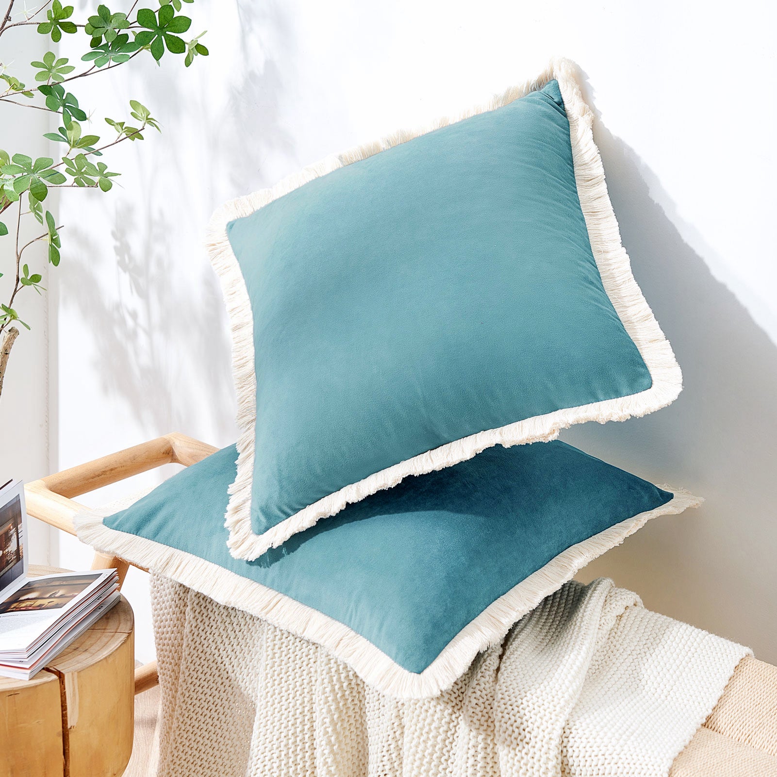 velvet decorative throw pillow covers  with fringe border set of 2 teal blue color