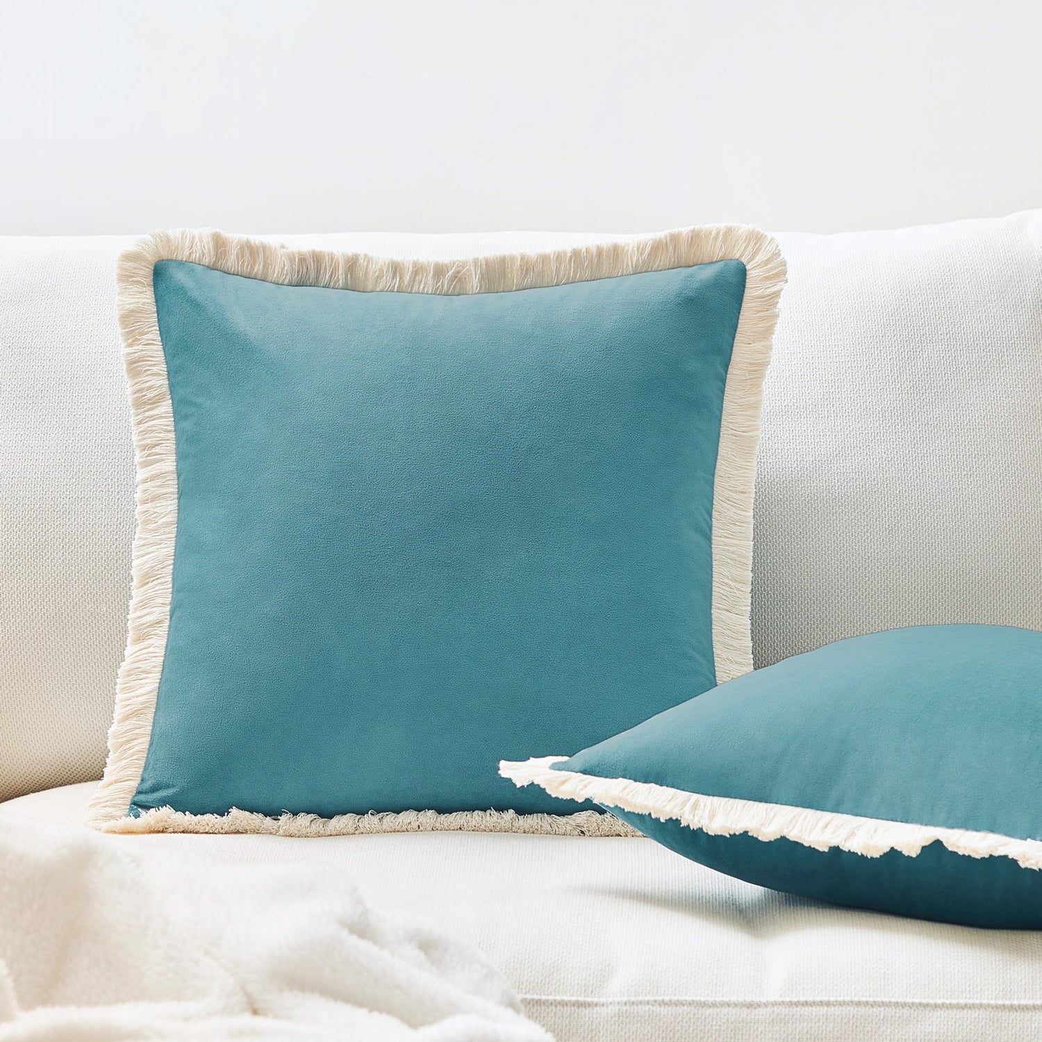 velvet decorative throw pillow covers  with fringe border set of 2 teal blue color