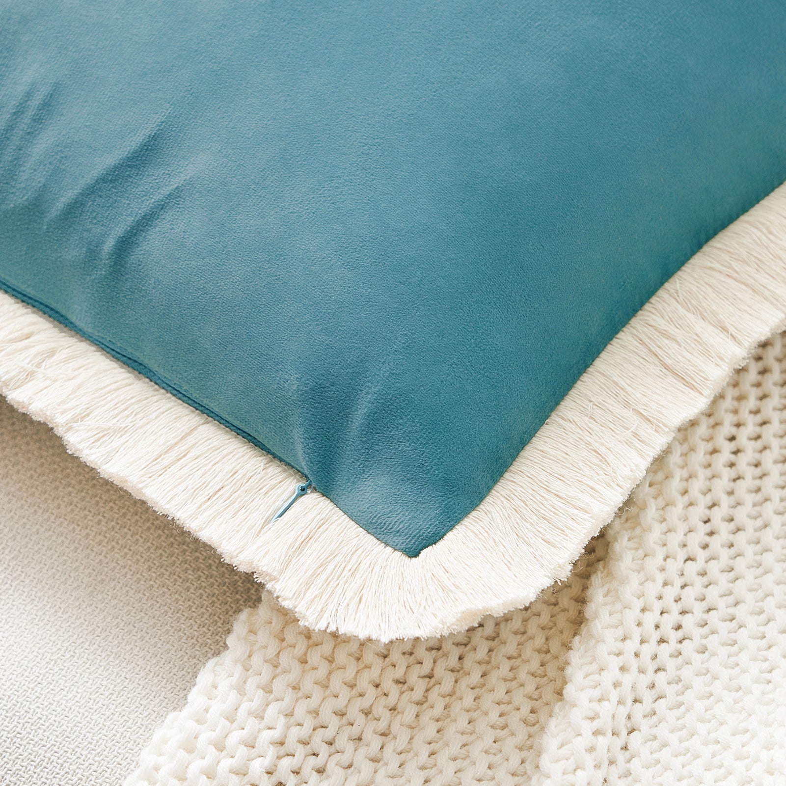 velvet decorative throw pillow covers  with fringe border set of 2 teal blue color