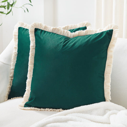 velvet decorative throw pillow covers  with fringe border set of 2 teal green color