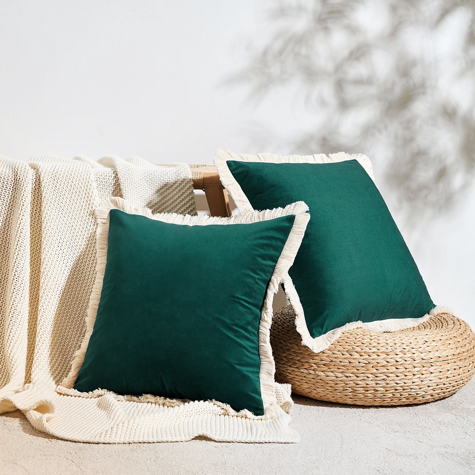 velvet decorative throw pillow covers  with fringe border set of 2 teal green color