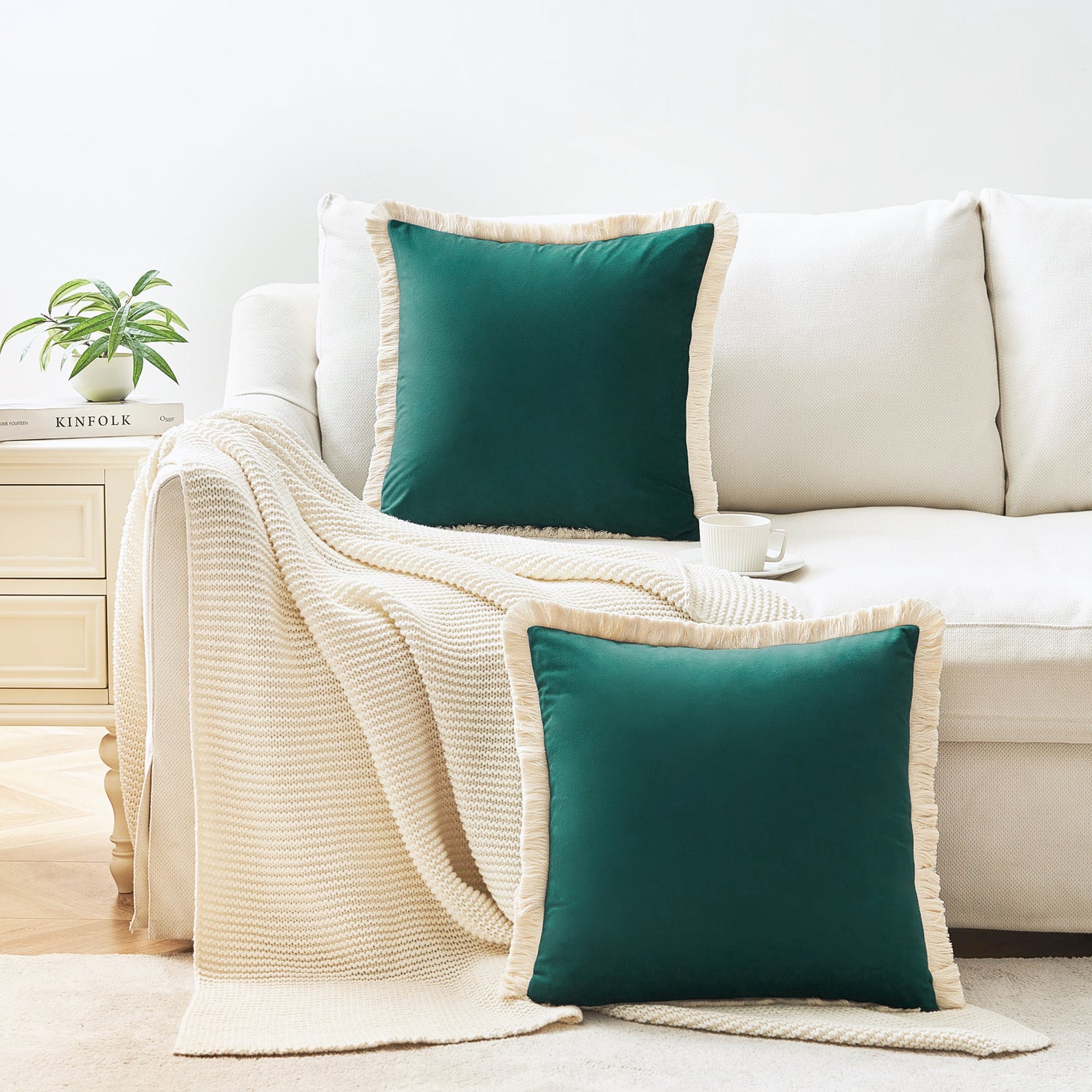 velvet decorative throw pillow covers  with fringe border set of 2 teal green color