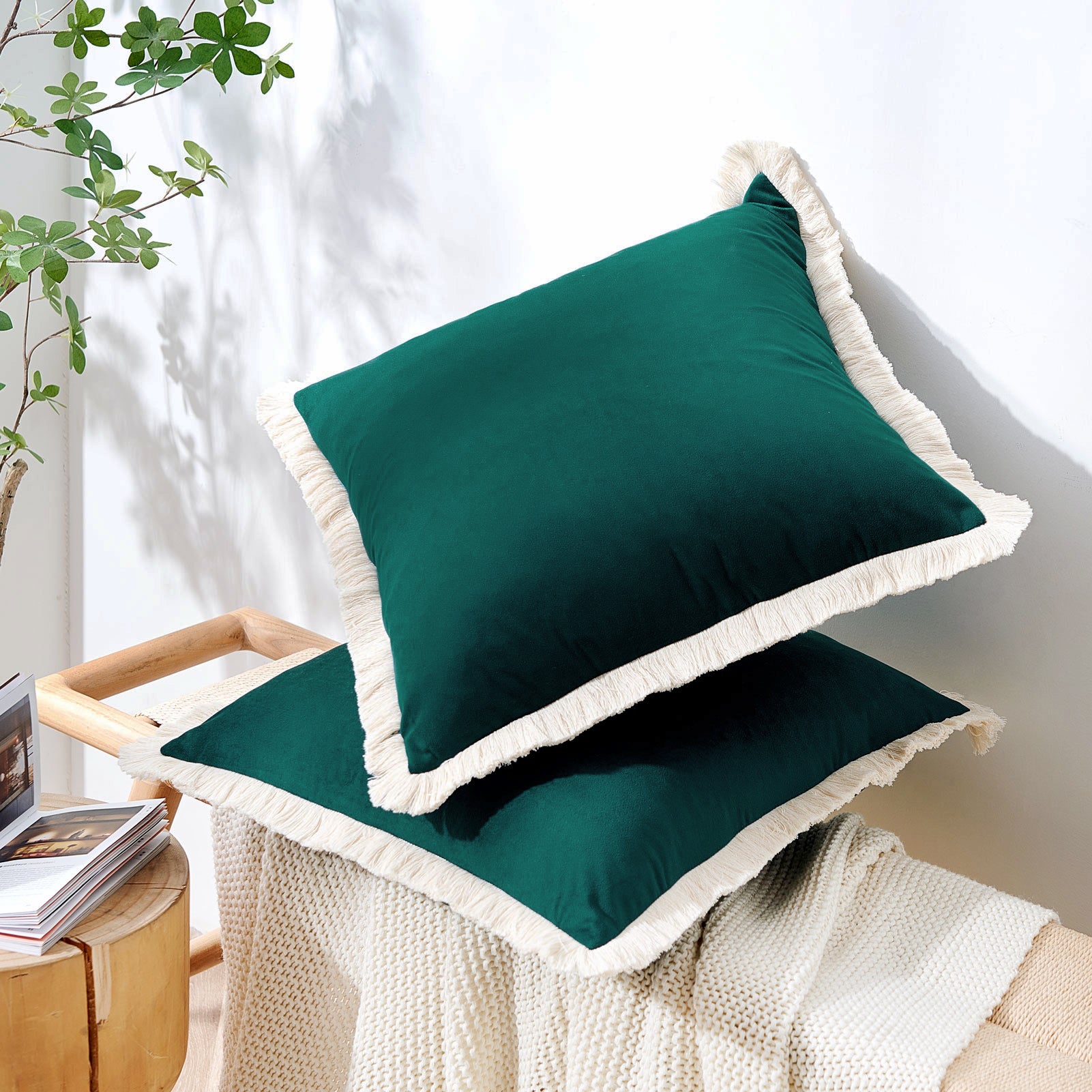 velvet decorative throw pillow covers  with fringe border set of 2 teal green color