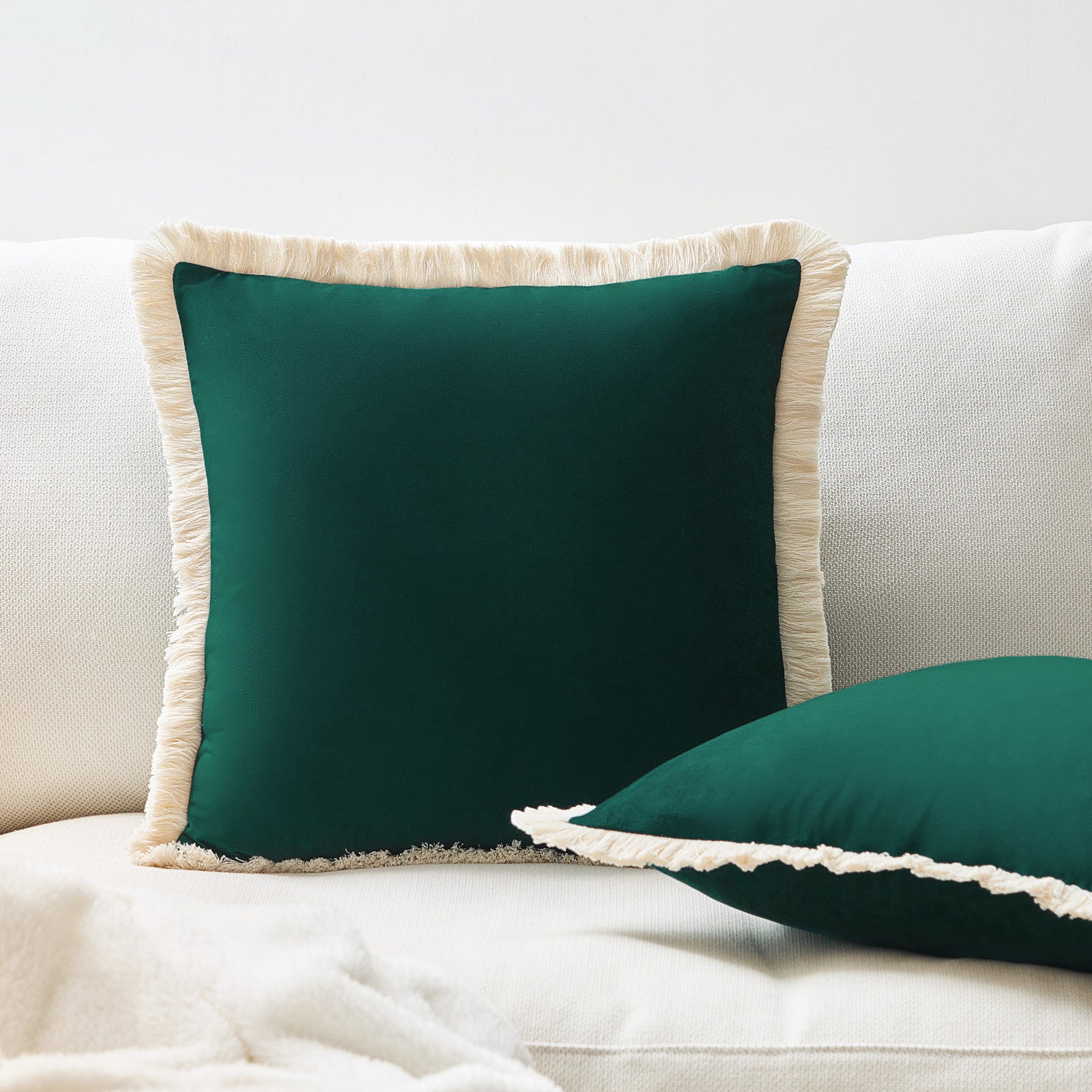 velvet decorative throw pillow covers  with fringe border set of 2 teal green color