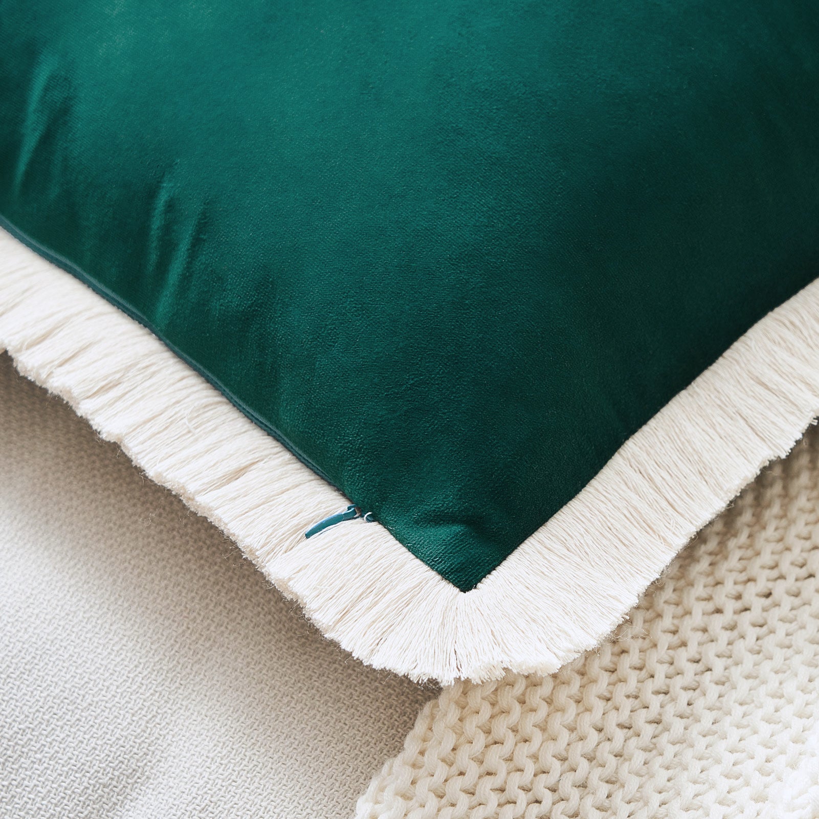 velvet decorative throw pillow covers  with fringe border set of 2 teal green color