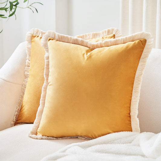 velvet decorative throw pillow covers  with fringe border set of 2 yellow color