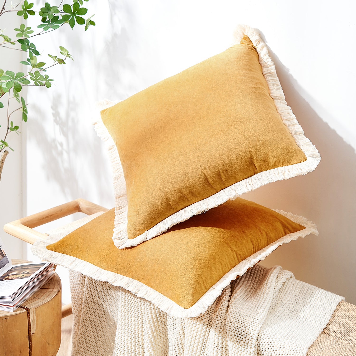 velvet decorative throw pillow covers  with fringe border set of 2 yellow color