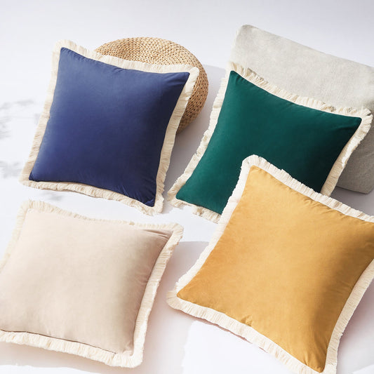 velvet decorative throw pillow covers with fringe edge set four yellow green blue cream