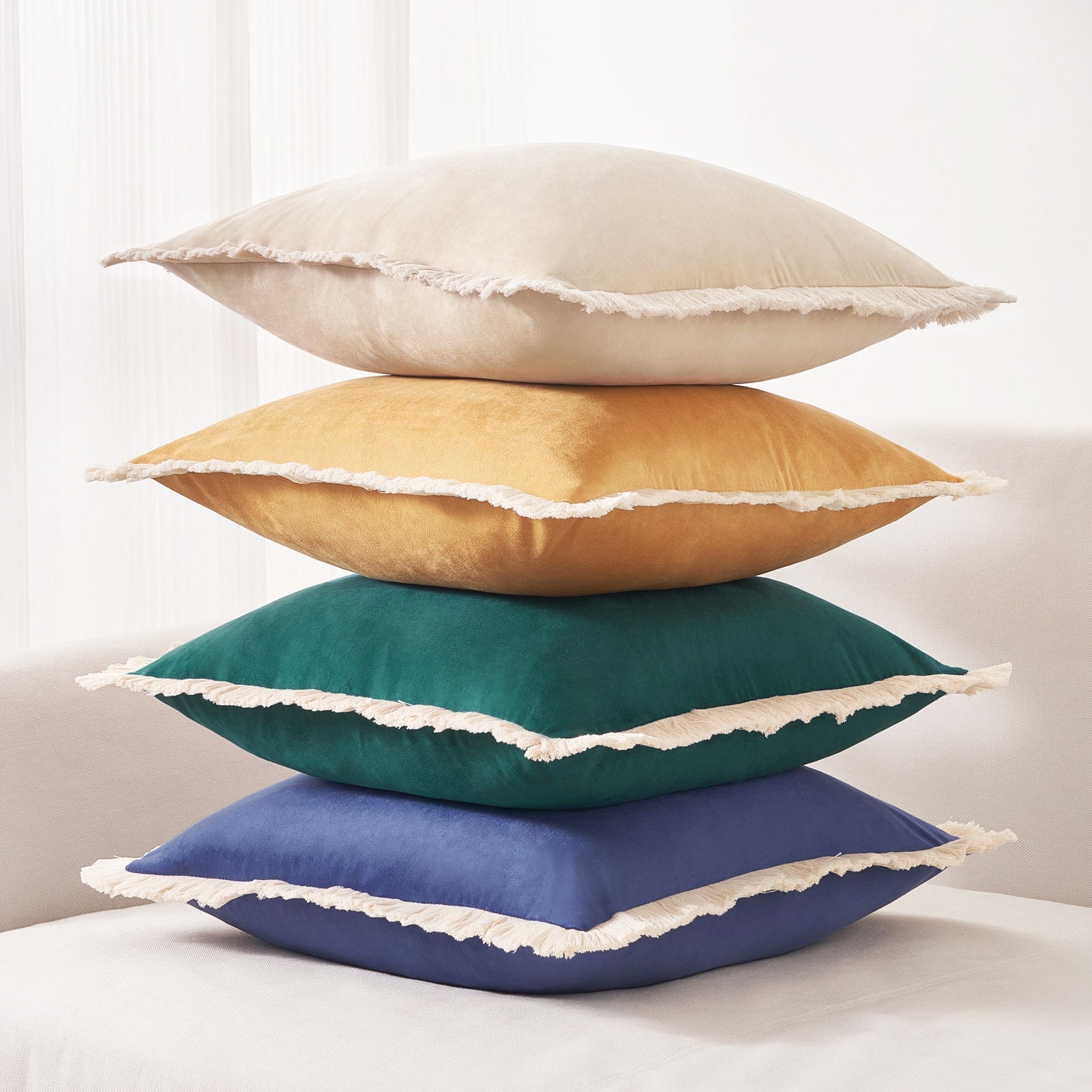 velvet decorative throw pillow covers with fringe edge set four yellow green blue cream