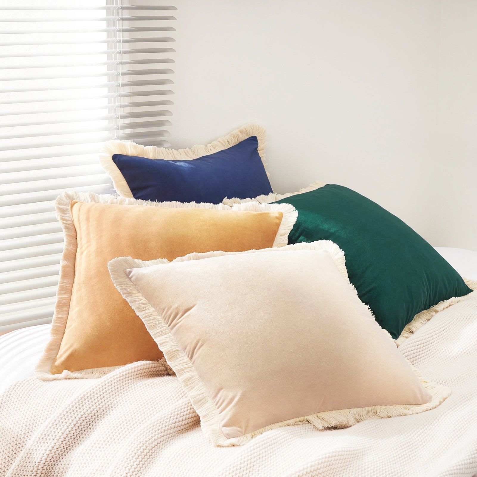 velvet decorative throw pillow covers with fringe edge set four yellow green blue cream