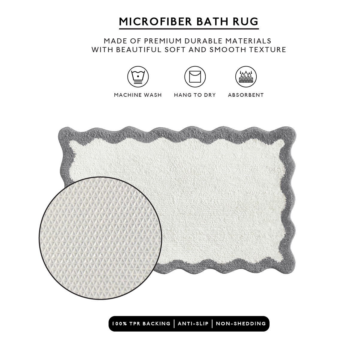 Microfiber bath rug with gray border on a white background, featuring text and icons about the product's features.