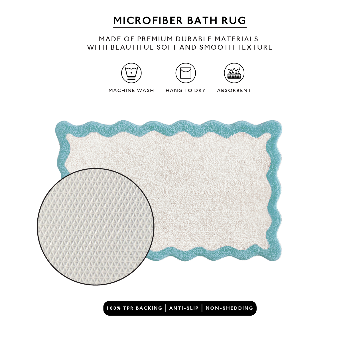 Microfiber bath rug with text on a white background