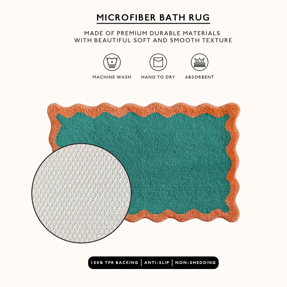 Green microfiber bath rug with brown border on a white background, featuring product details.