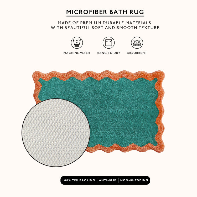 Green microfiber bath rug with brown border on a white background, featuring product details.