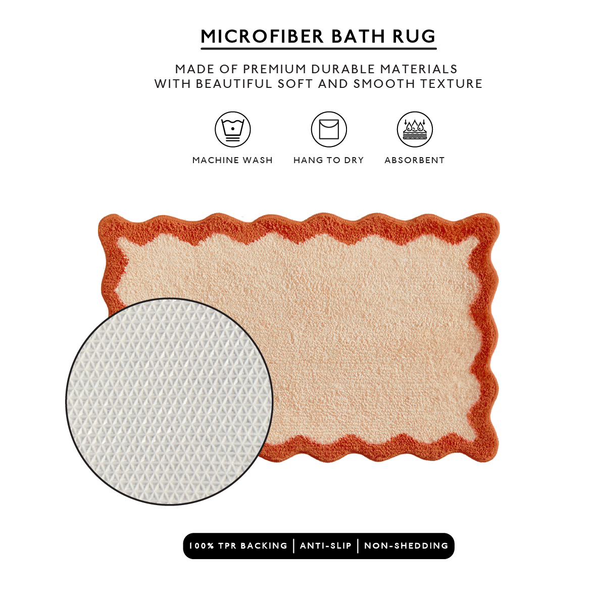 Microfiber bath rug with red border on a white background, featuring text about material and care.
