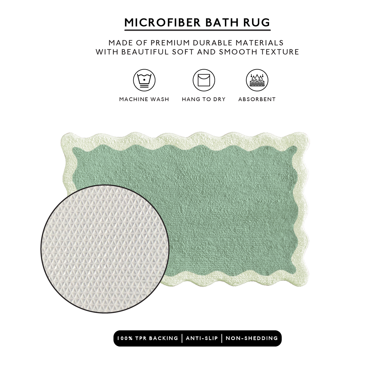 Green microfiber bath rug with texture detail and features on a white background