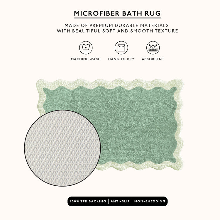 Green microfiber bath rug with texture details and care instructions on a white background