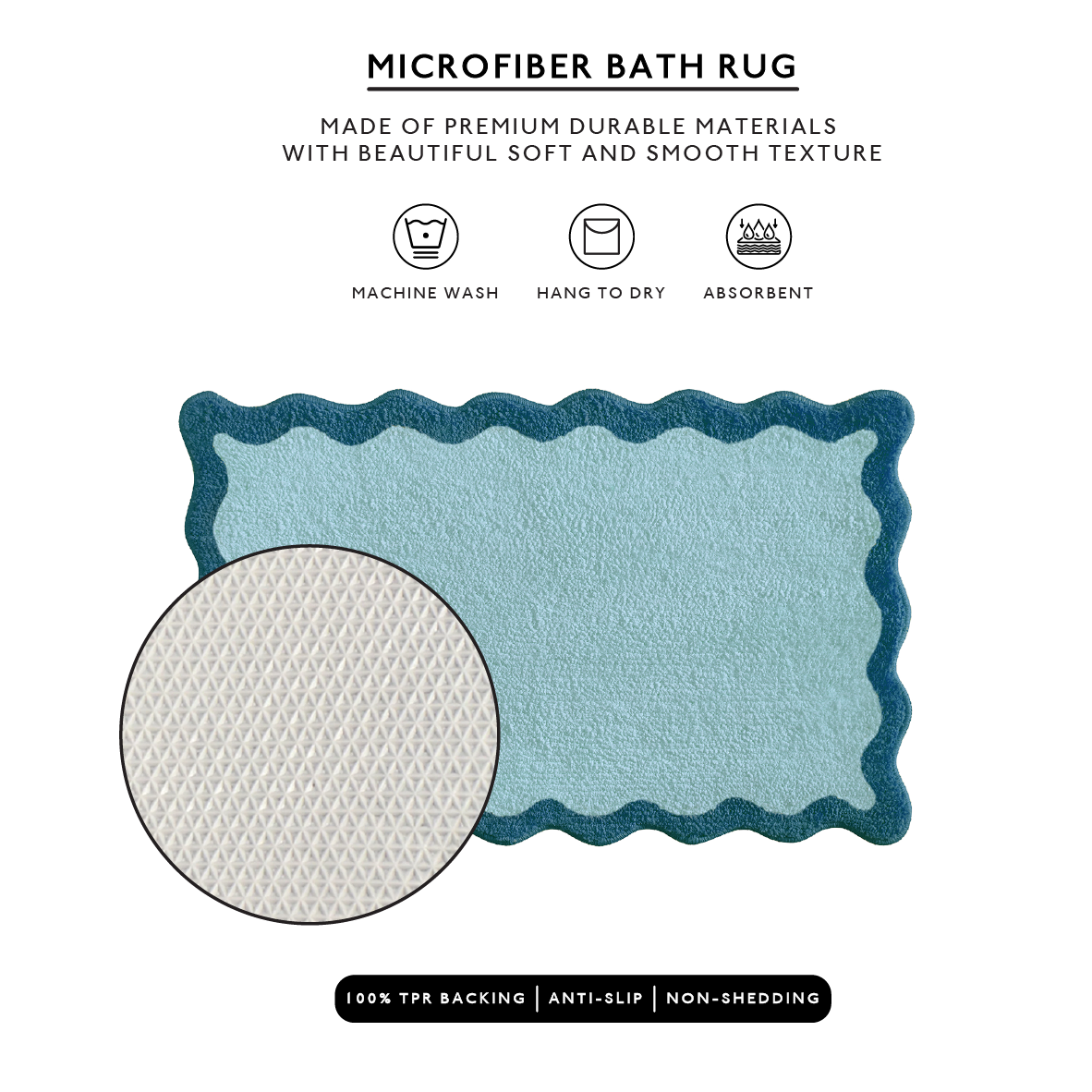 Blue microfiber bath rug with text on a white background