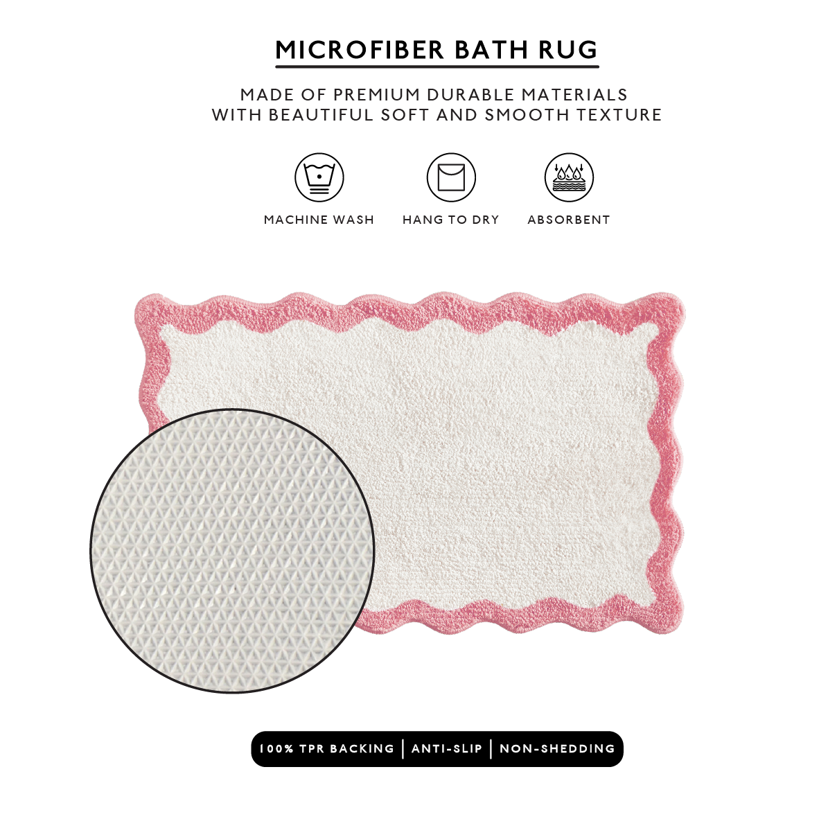 Microfiber bath rug with pink border on a white background, featuring text and icons about material and care.