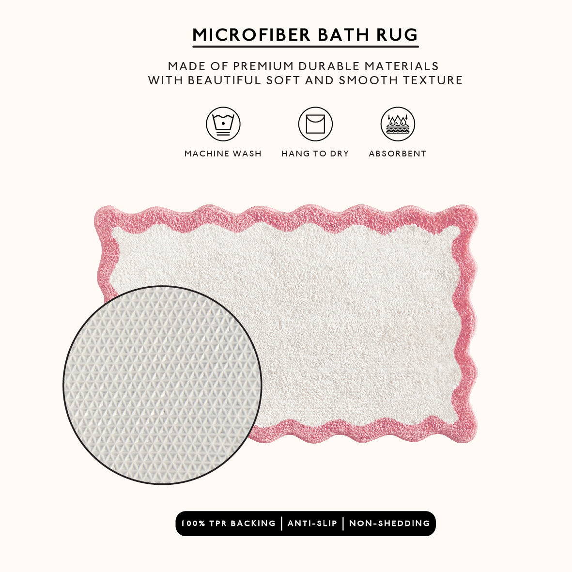 Microfiber bath rug with pink border on a white background, featuring text and icons about material and care.